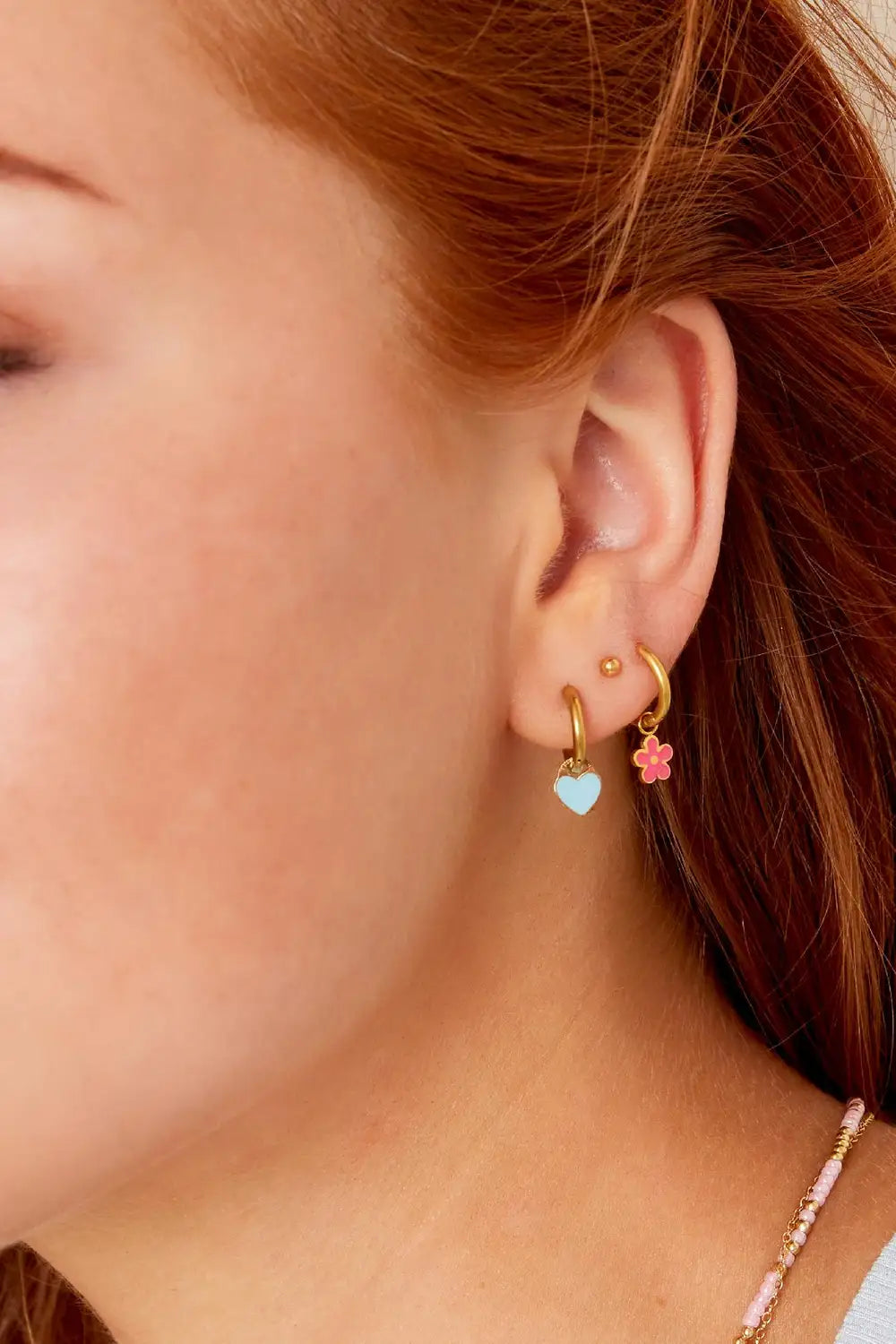 Pink Flower Charm Hoop Earrings | Gold Enamel Floral Huggie Hoops