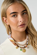 Trendy Silk scarf necklace with gold sun pendant & floral charms | Boho Fabric Statement Necklace