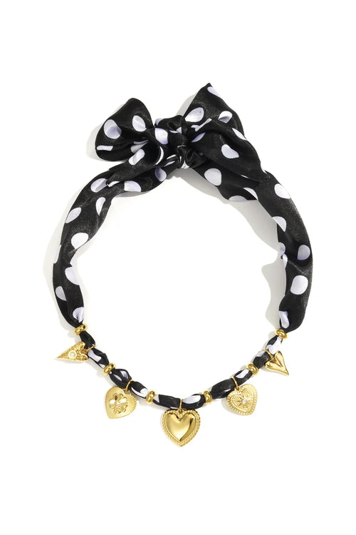 Black & White polka dot ribbon necklace with gold heart charms | Statement bow choker, playful vintage-inspired necklace piece.