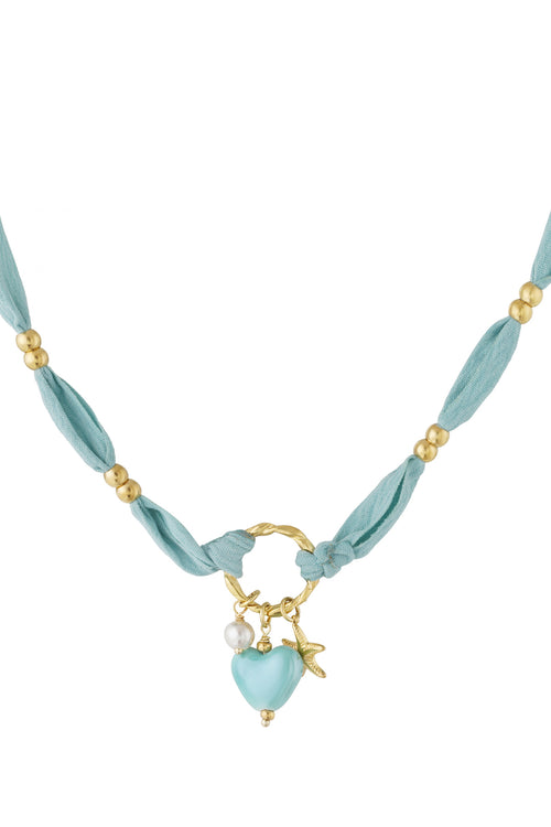 Blue Ribbon Heart Necklace with Heart, Pearl & Star Charm | Statement Necklace Piece