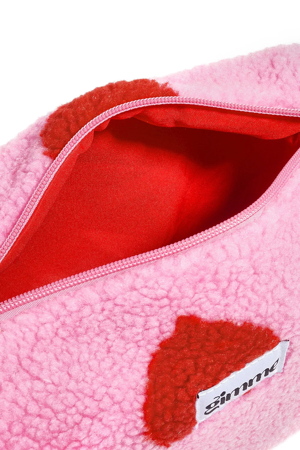 Pink Heart Print Sherpa Pouch | Cozy Teddy Makeup Bag Soft Pink Sherpa Cosmetic Bag with Red Hearts