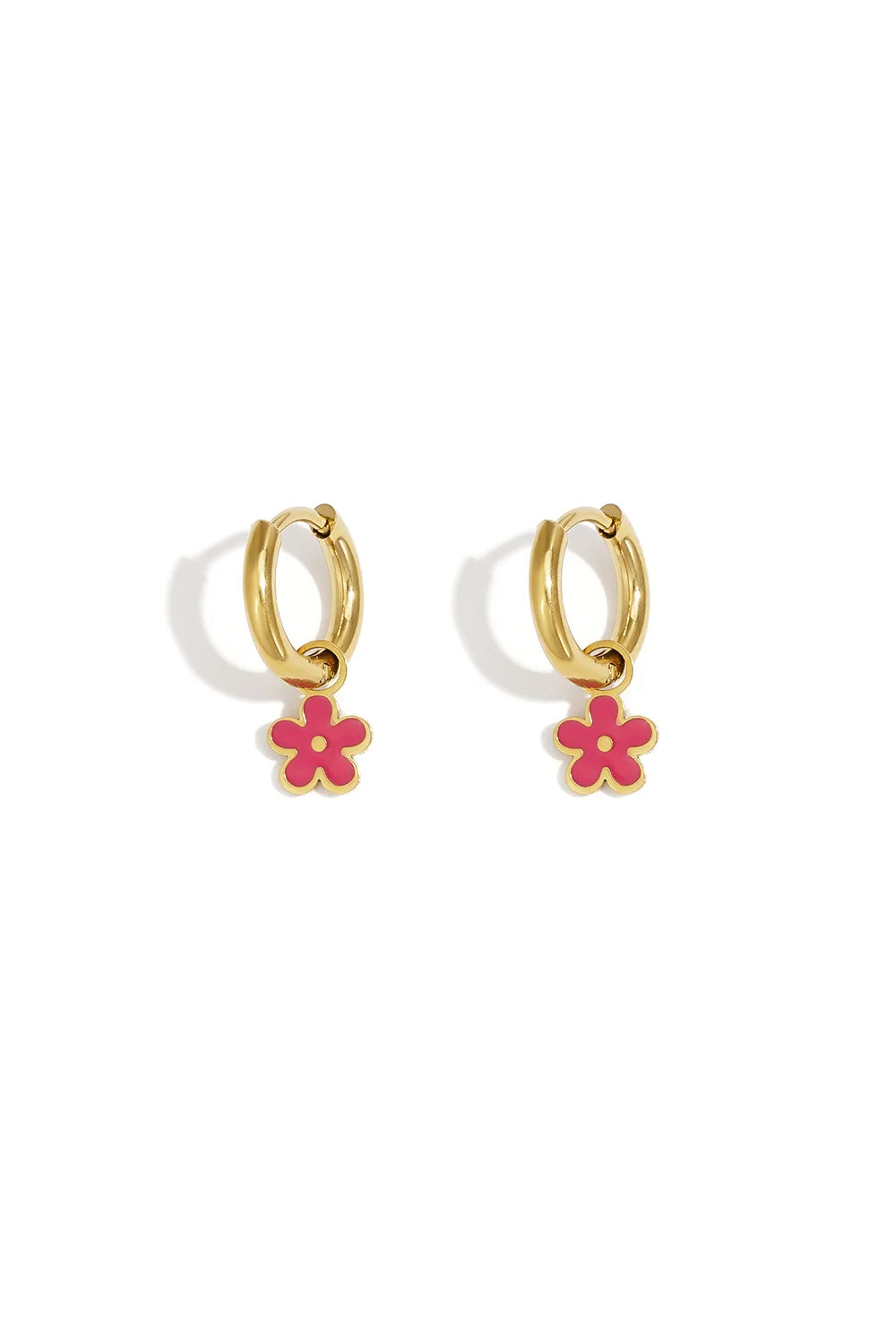 Pink Flower Charm Hoop Earrings | Gold Enamel Floral Huggie Hoops