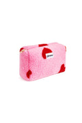 Pink Heart Print Sherpa Pouch | Cozy Teddy Makeup Bag Soft Pink Sherpa Cosmetic Bag with Red Hearts
