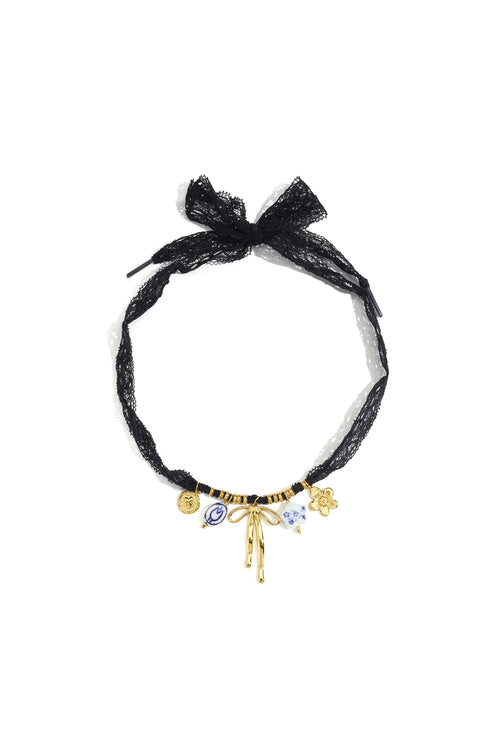 Black Lace Choker Necklace with Gold Bow and Charm Cluster | Edgy Boho Statement Necklace