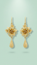 Floral Gold Drop Earrings with Pearl Accents