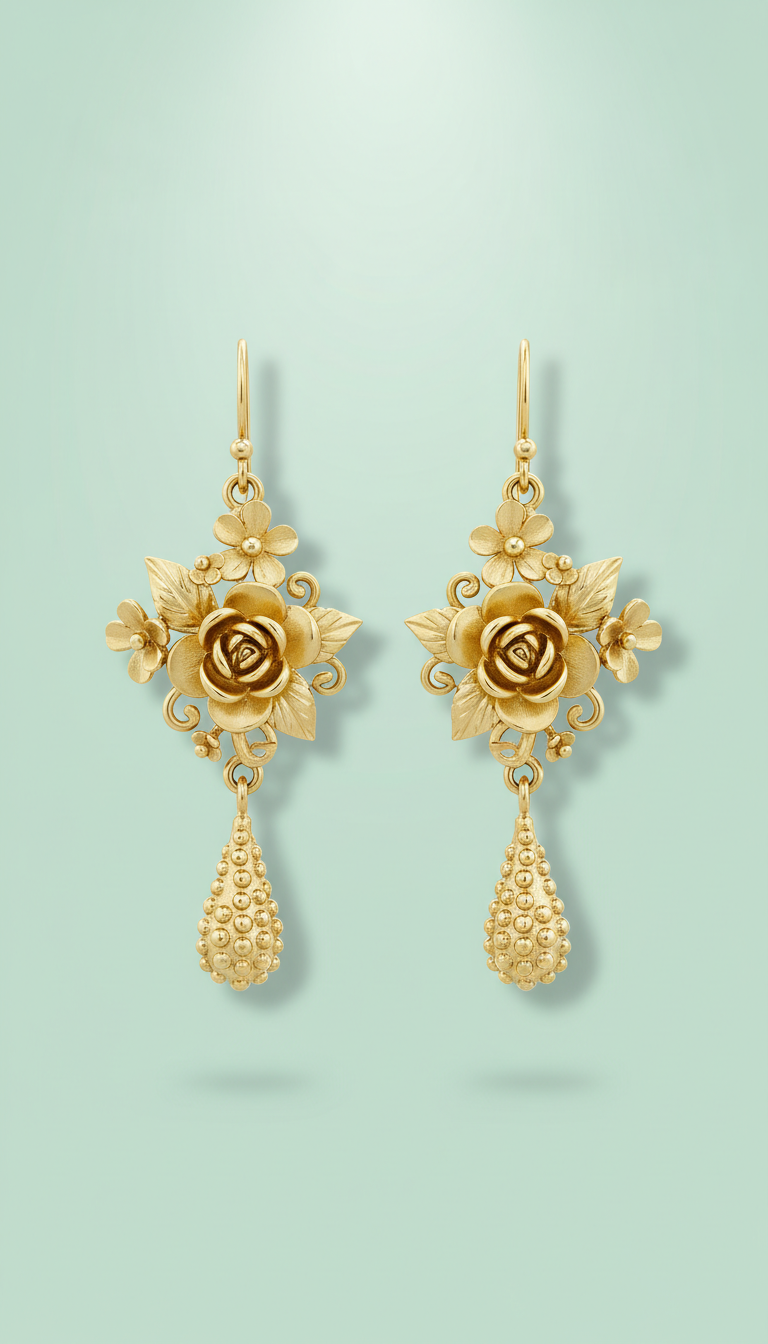 Floral Gold Drop Earrings with Pearl Accents