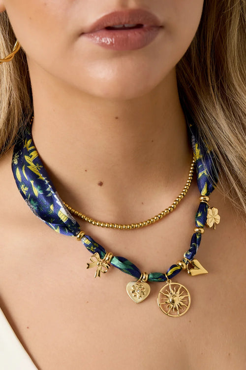 Floral Bow Ribbon Necklace with Gold Charm Clusters | Boho Bow Choker