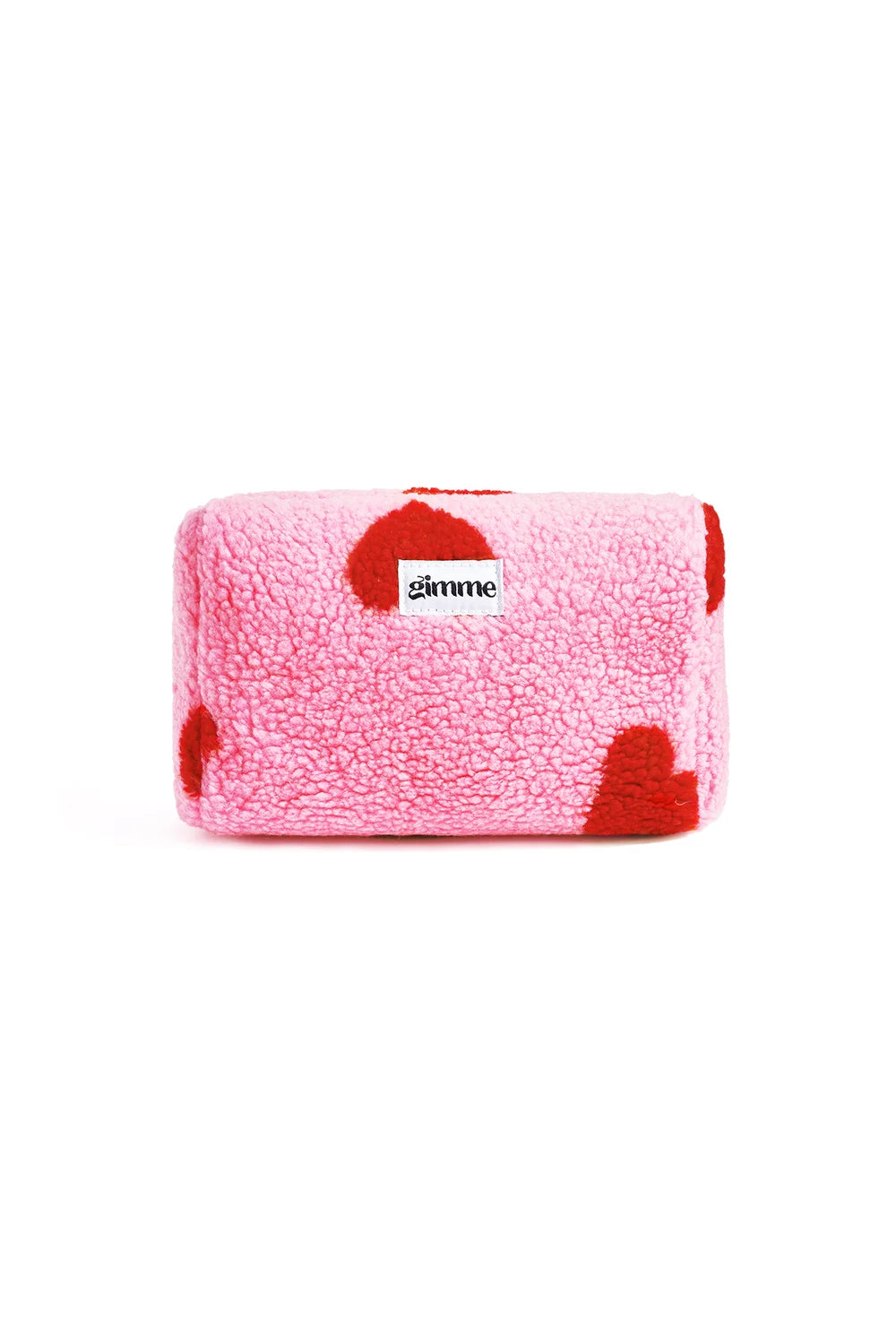 Pink Heart Print Sherpa Pouch | Cozy Teddy Makeup Bag Soft Pink Sherpa Cosmetic Bag with Red Hearts